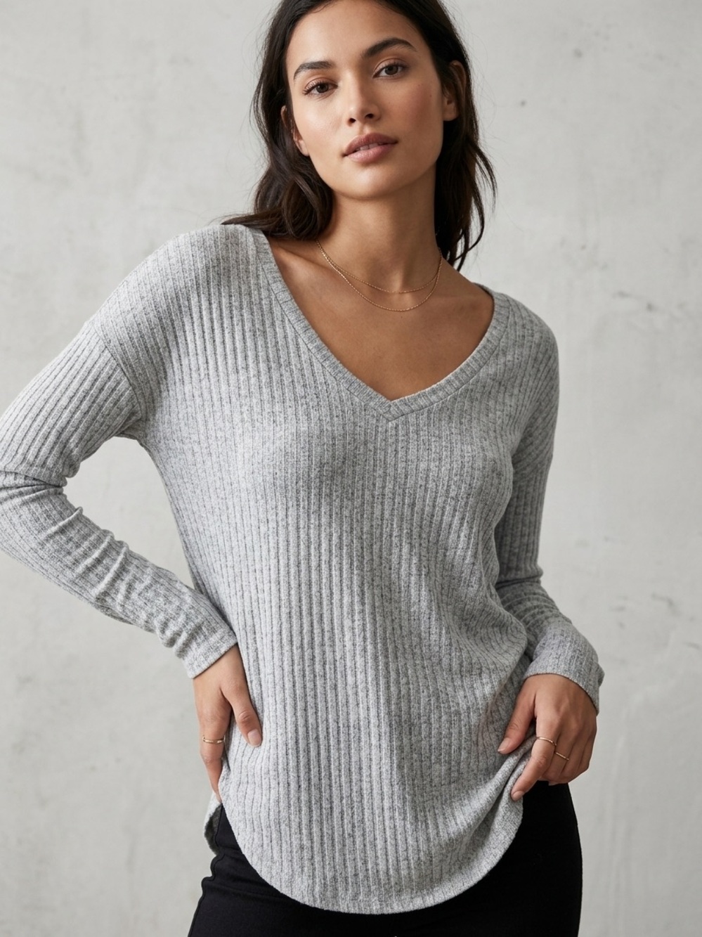 V-Neck Rib Knit Sweater Top - Light Gray